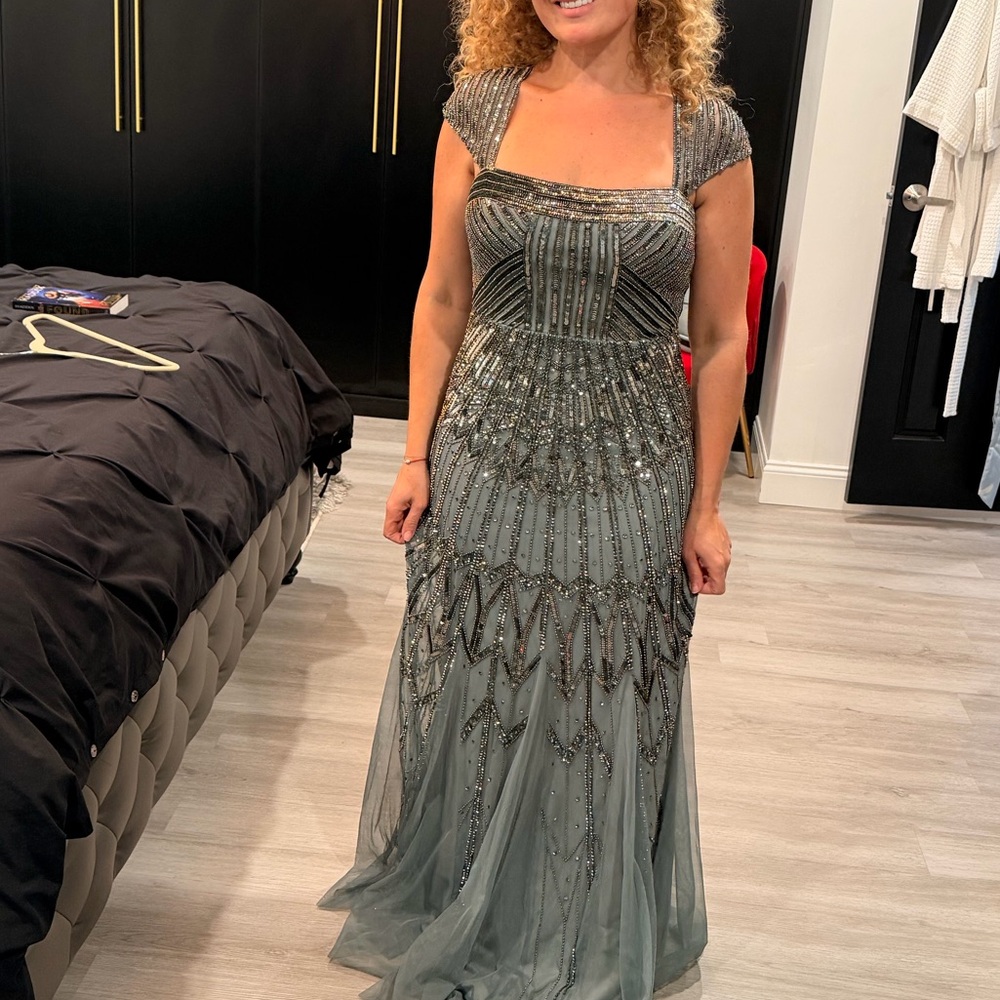 Adrianna Papell Beaded Halter Gown in Dusty Teal and Silver